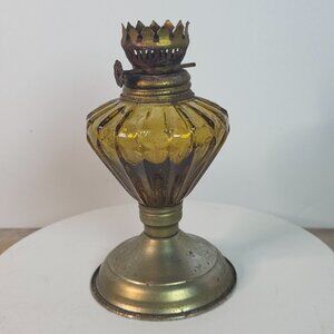 Vintage Amber Glass Oil Lamp With Ribbed Design & Metal Crown